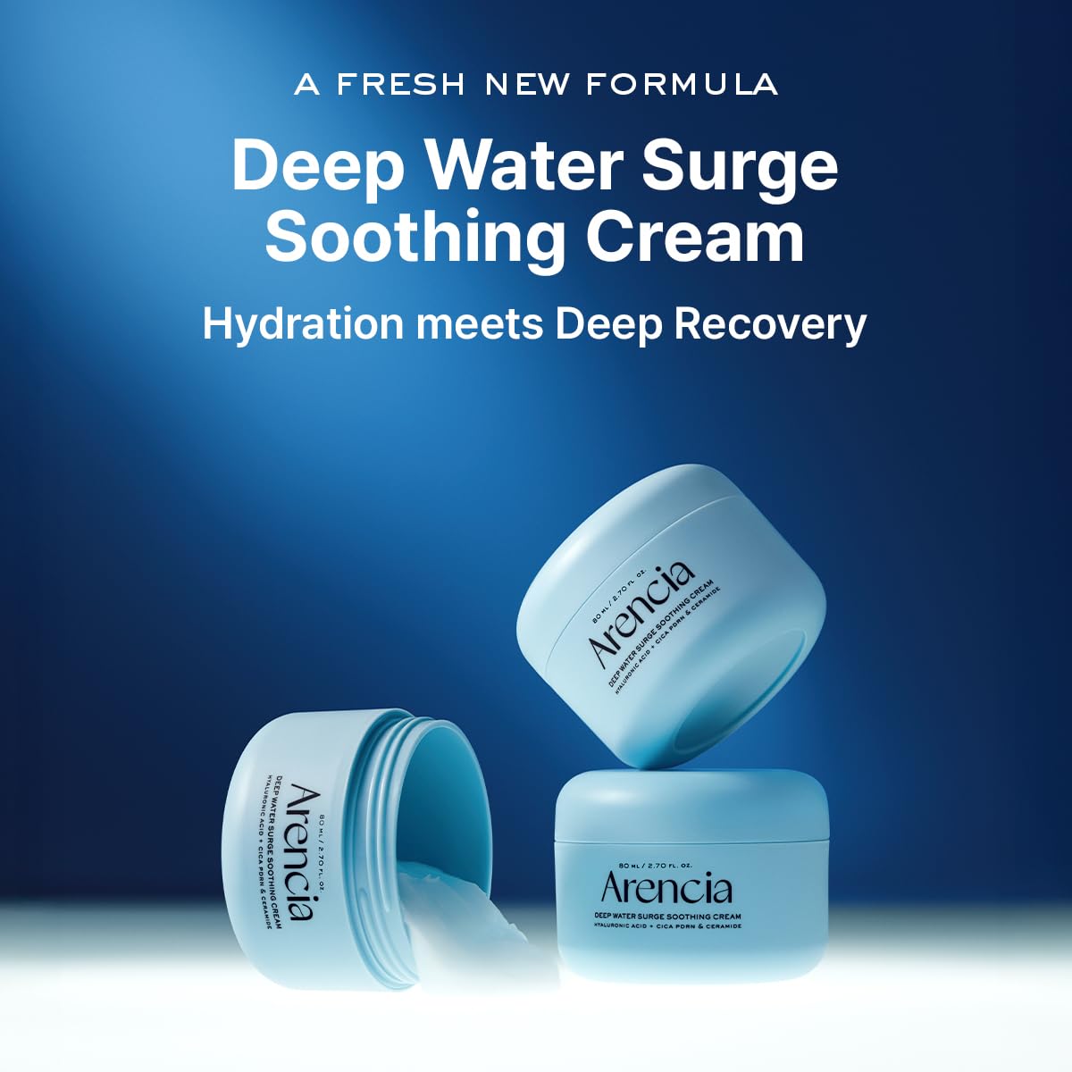 ARENCIA Deep Water Surge Cream texture closeup highlighting a silky, fast-absorbing finish.