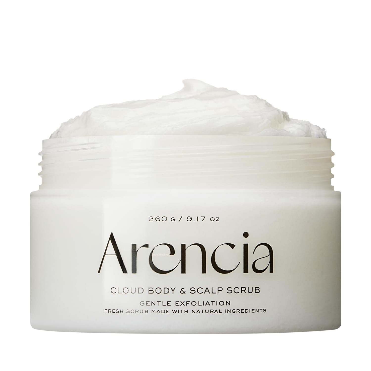 Arencia Fresh Cloud Sea Salt Scrub bottle pour for easy application and spa-like experience.