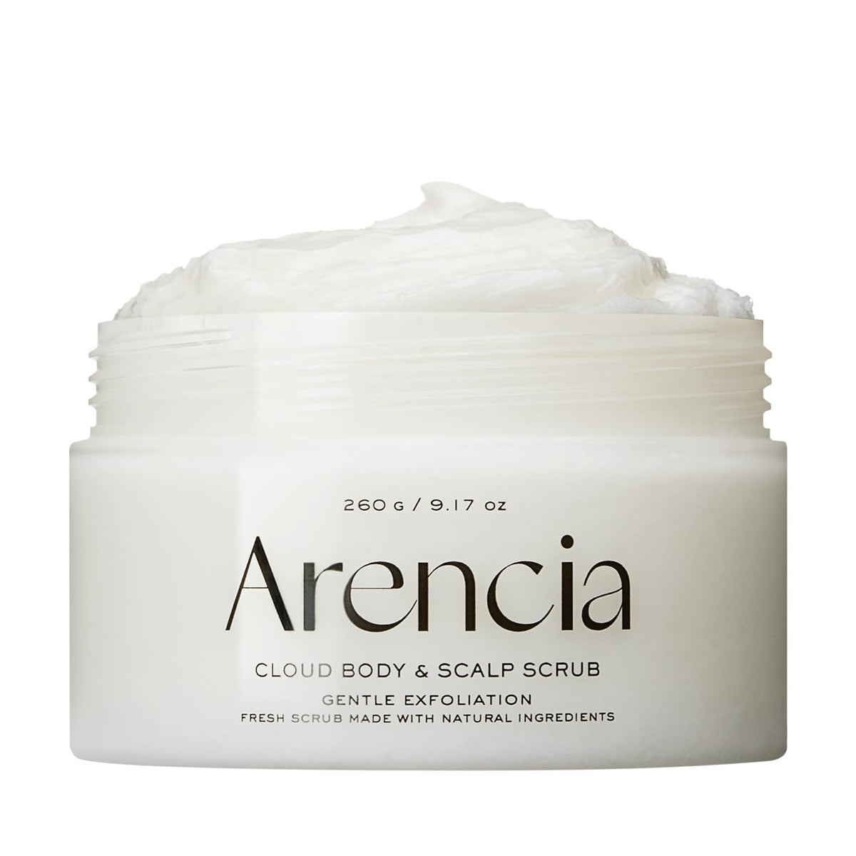 Arencia Fresh Cloud Sea Salt Scrub bottle pour for easy application and spa-like experience.