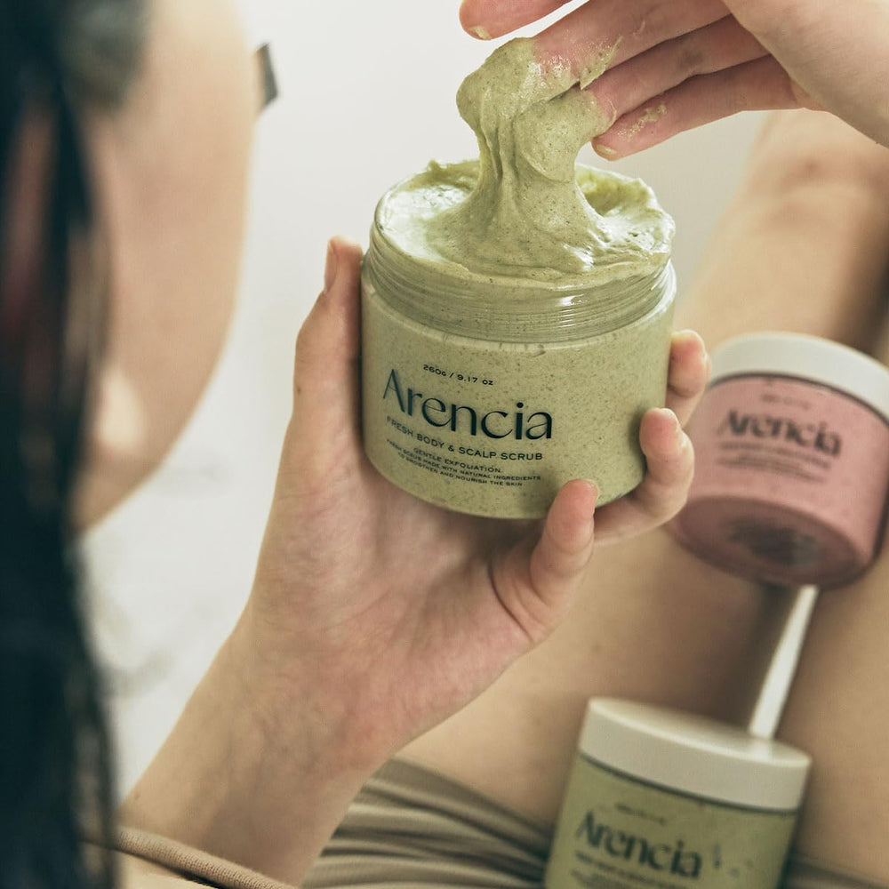 ARENCIA Fresh Cloud Sea Salt Scrub Mint smooth skin close-up showcases hydrated skin.