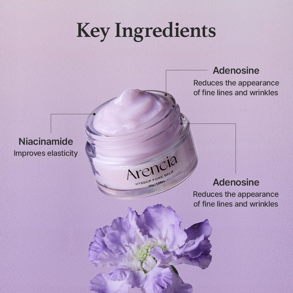 ARENCIA Hyssop Fume Balm packaging box highlights natural ingredients and aromatherapy promise