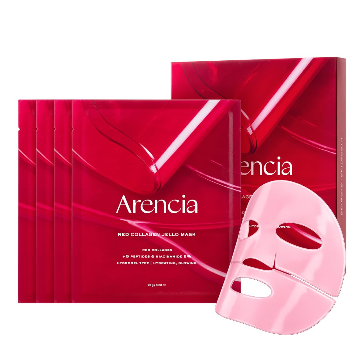 ARENCIA Red Collagen Jello Mask box with four-pack for easy nightly routine.