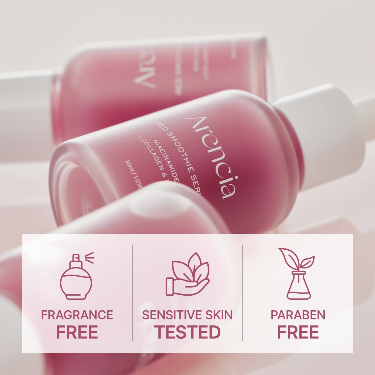 Hands applying ARENCIA serum for a light, non-sticky finish