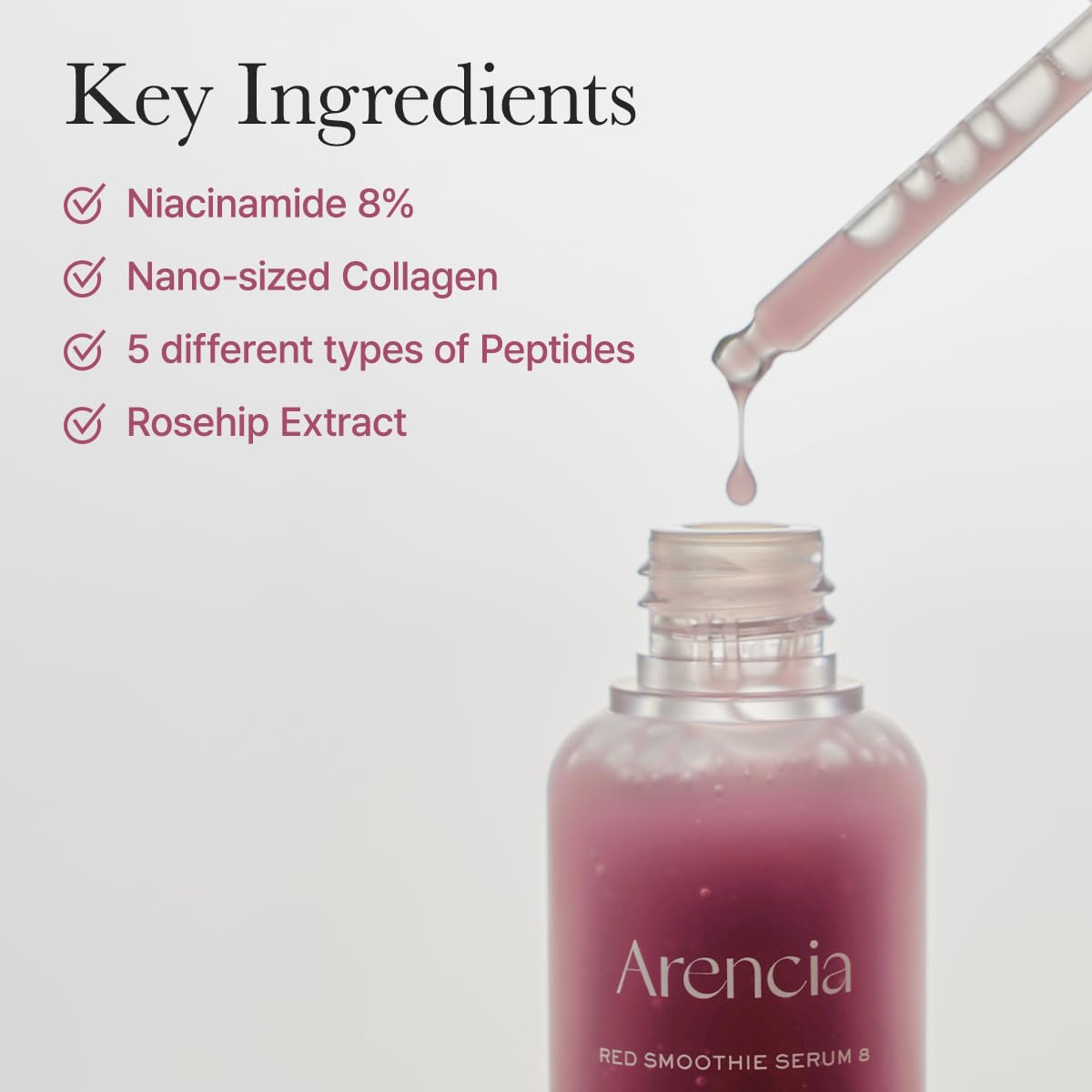 ARENCIA ingredients label highlighting Vitamin C and Niacinamide