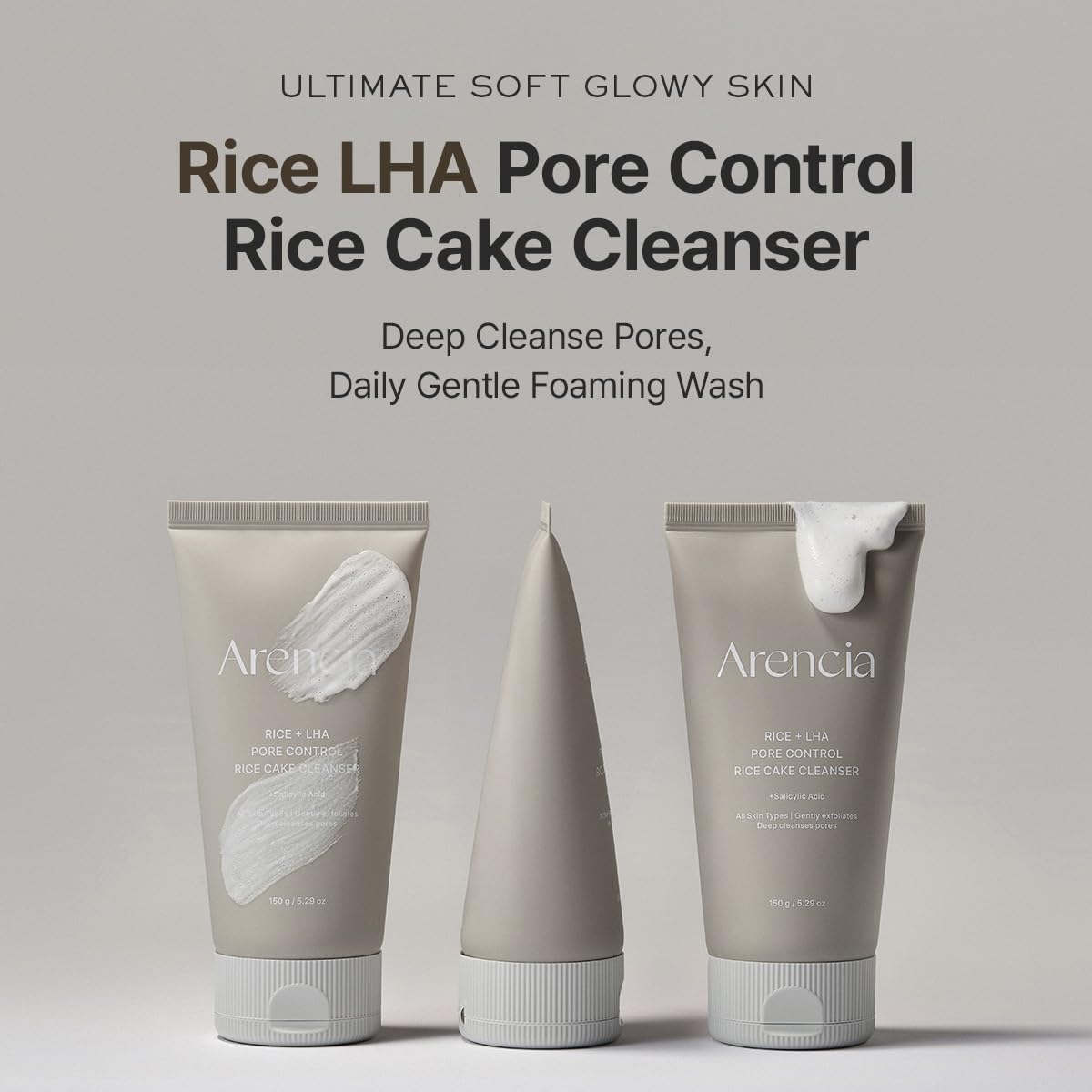 ARENCIA rice cake cleanser bottle with pump for easy daily cleansing.