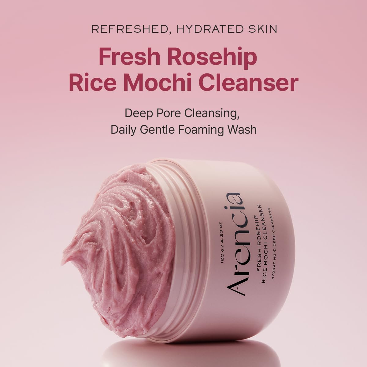 ARENCIA Rosehip Brightening Rice Mochi Cleanser closeup-foam showing rich lather for refreshed skin.