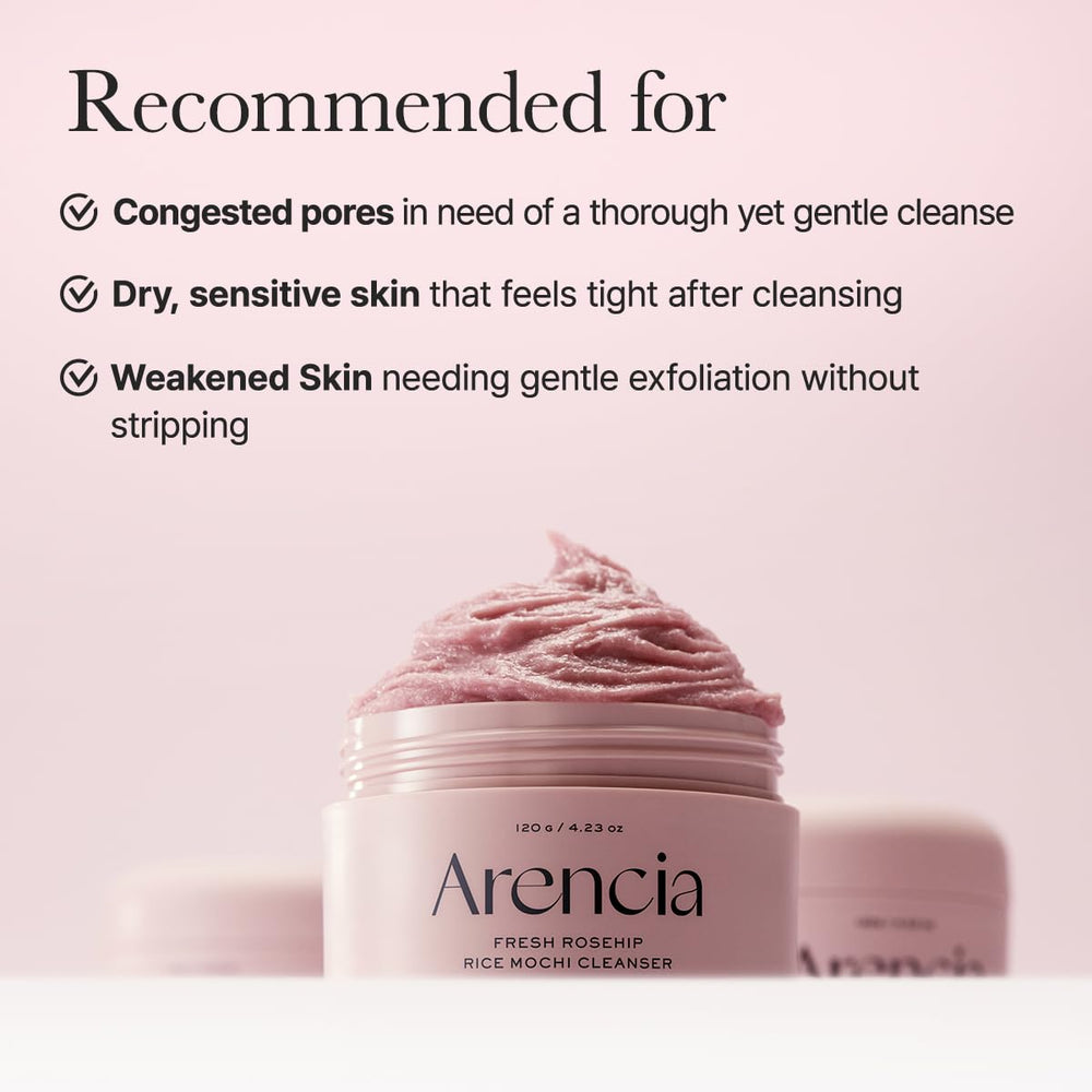 ARENCIA Rosehip Mochi Cleanser foaming-lather illustrates lush foam and deep-clean feel.