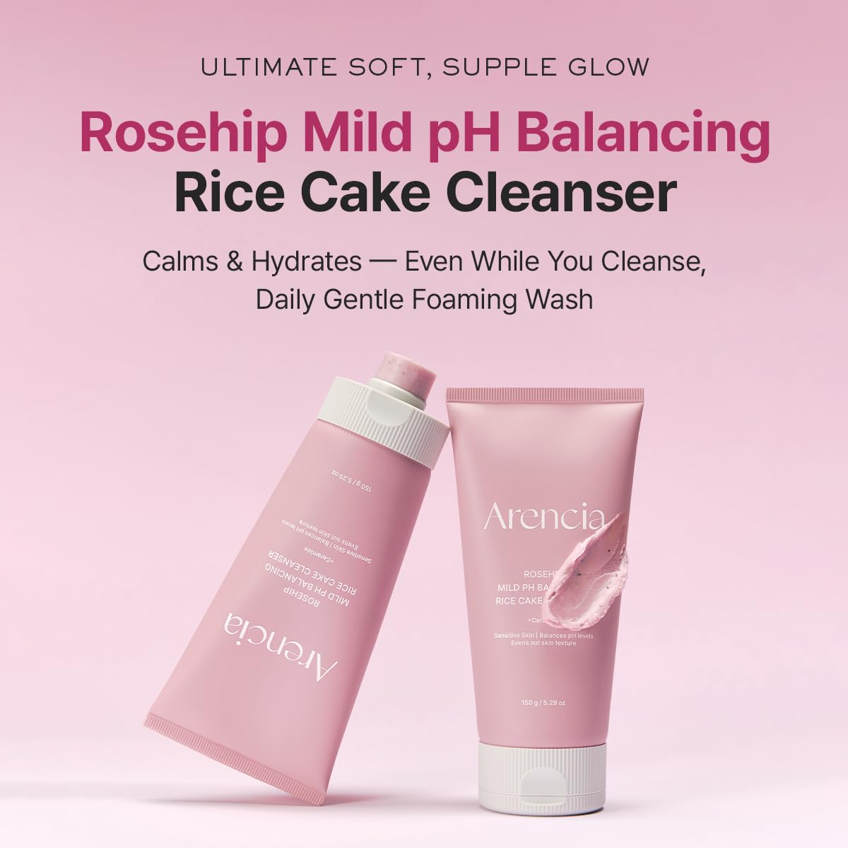 ARENCIA Rosehip Rice Cake Cleanser bottle closeup showing premium packaging and calm cleansing
