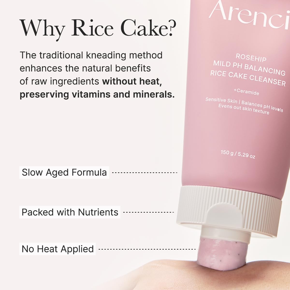 ARENCIA Rosehip Rice Cake Cleanser ingredients list featuring rosehip and ceramide for skin barrier support