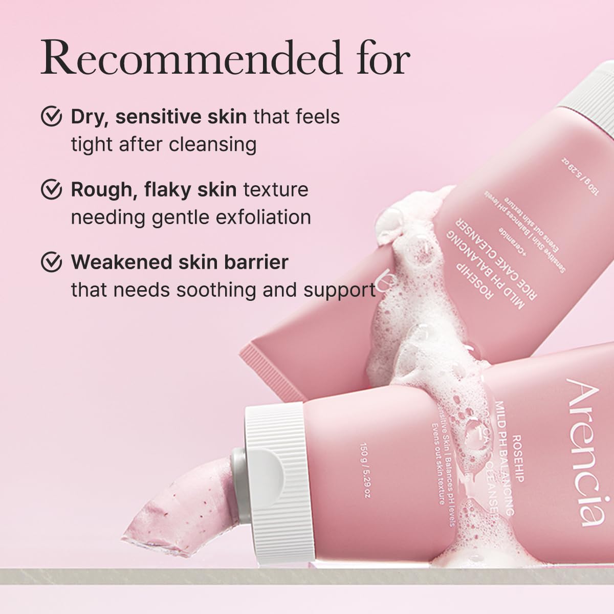 ARENCIA Rosehip Rice Cake Cleanser packaging display with ceramide protection