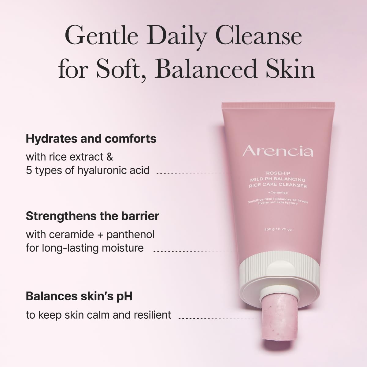 ARENCIA Rosehip Rice Cake Cleanser texture closeup highlighting soft chewy texture for gentle cleansing