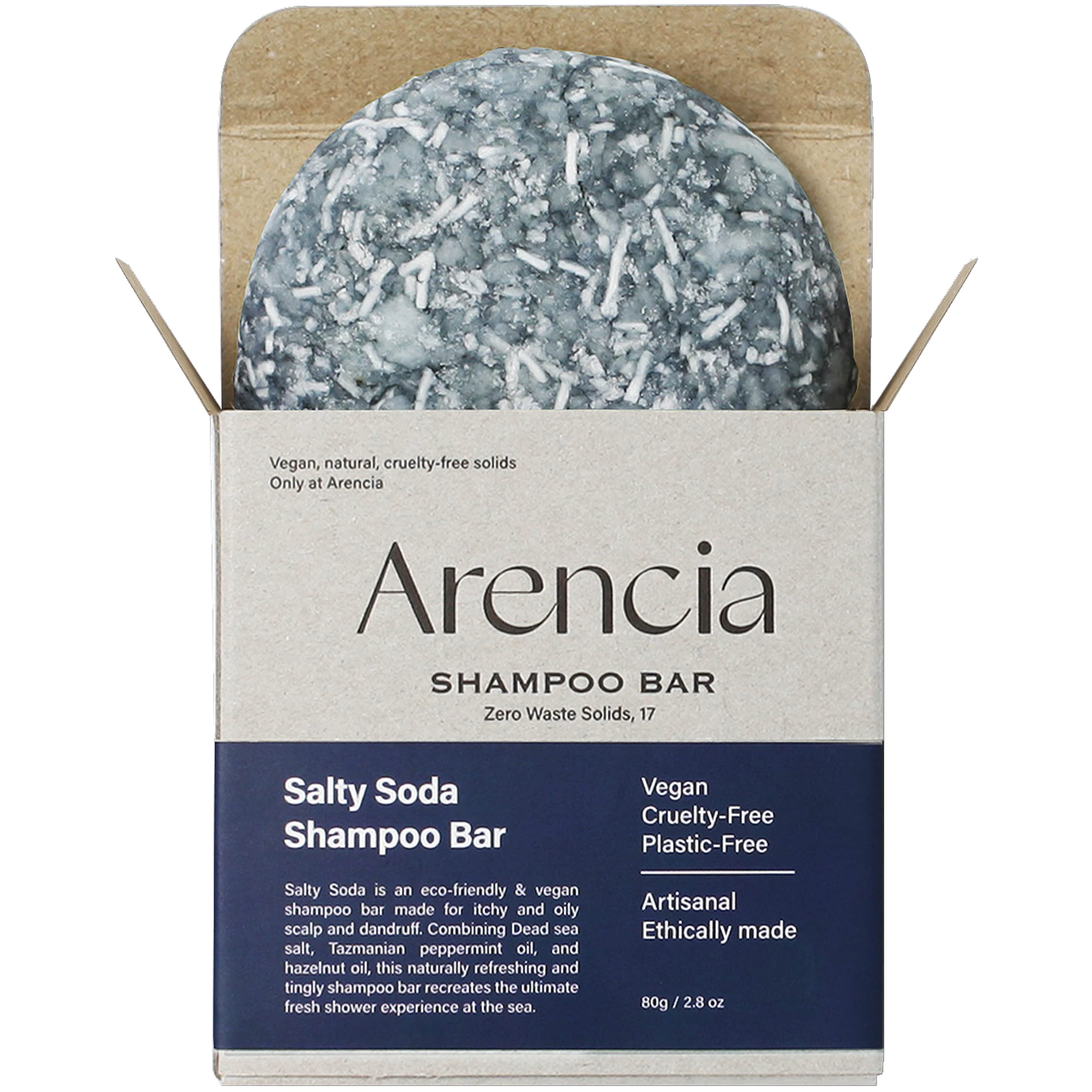 ARENCIA Salty Soda Shampoo Bar packaging on FSC-certified box for sustainable beauty