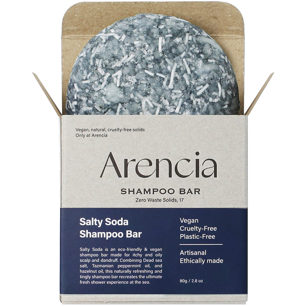 ARENCIA Salty Soda Shampoo Bar packaging on FSC-certified box for sustainable beauty