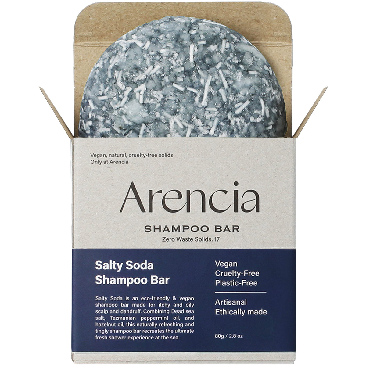 ARENCIA Salty Soda Shampoo Bar packaging on FSC-certified box for sustainable beauty