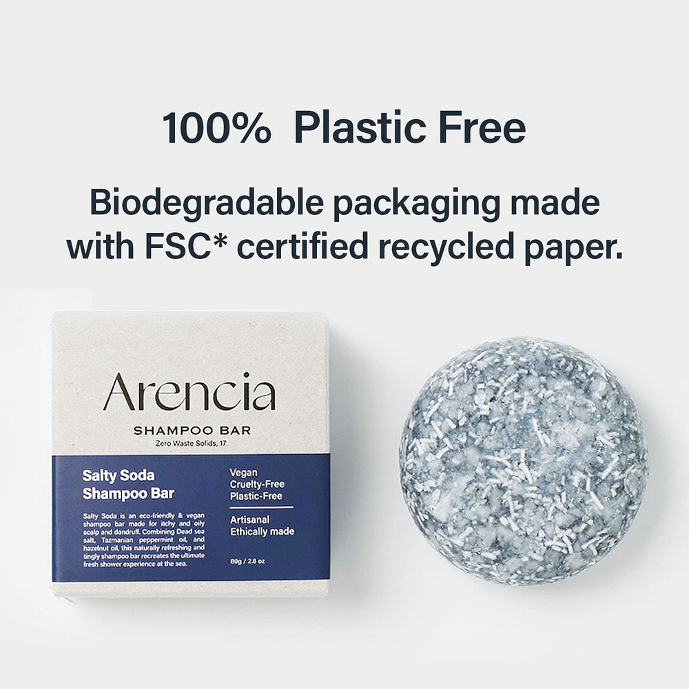 ARENCIA Salty Soda Shampoo Bar in shower scene shows easy damp use
