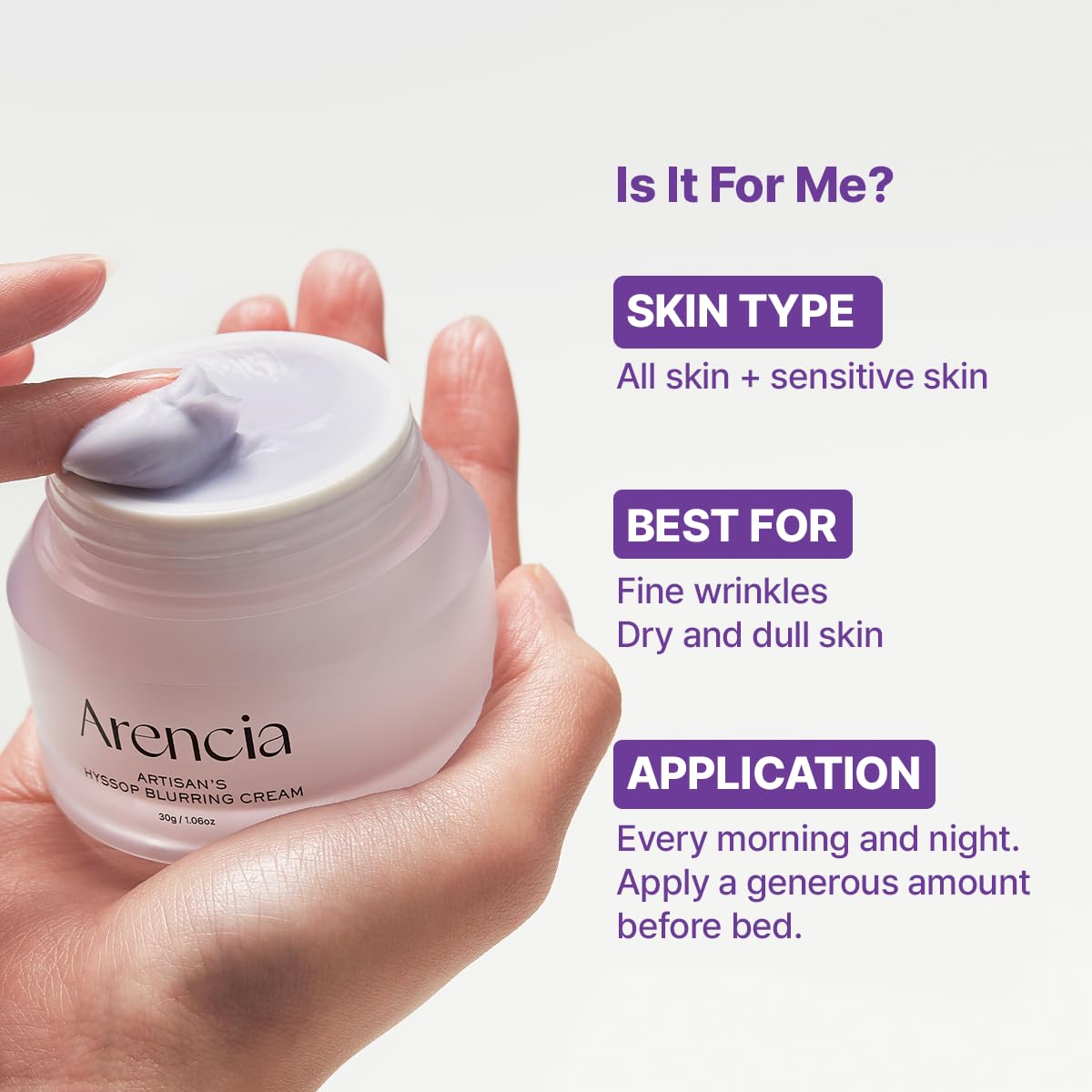 ARENCIA Hyssop Blurring Cream packaging emphasizing clean, safe formulation