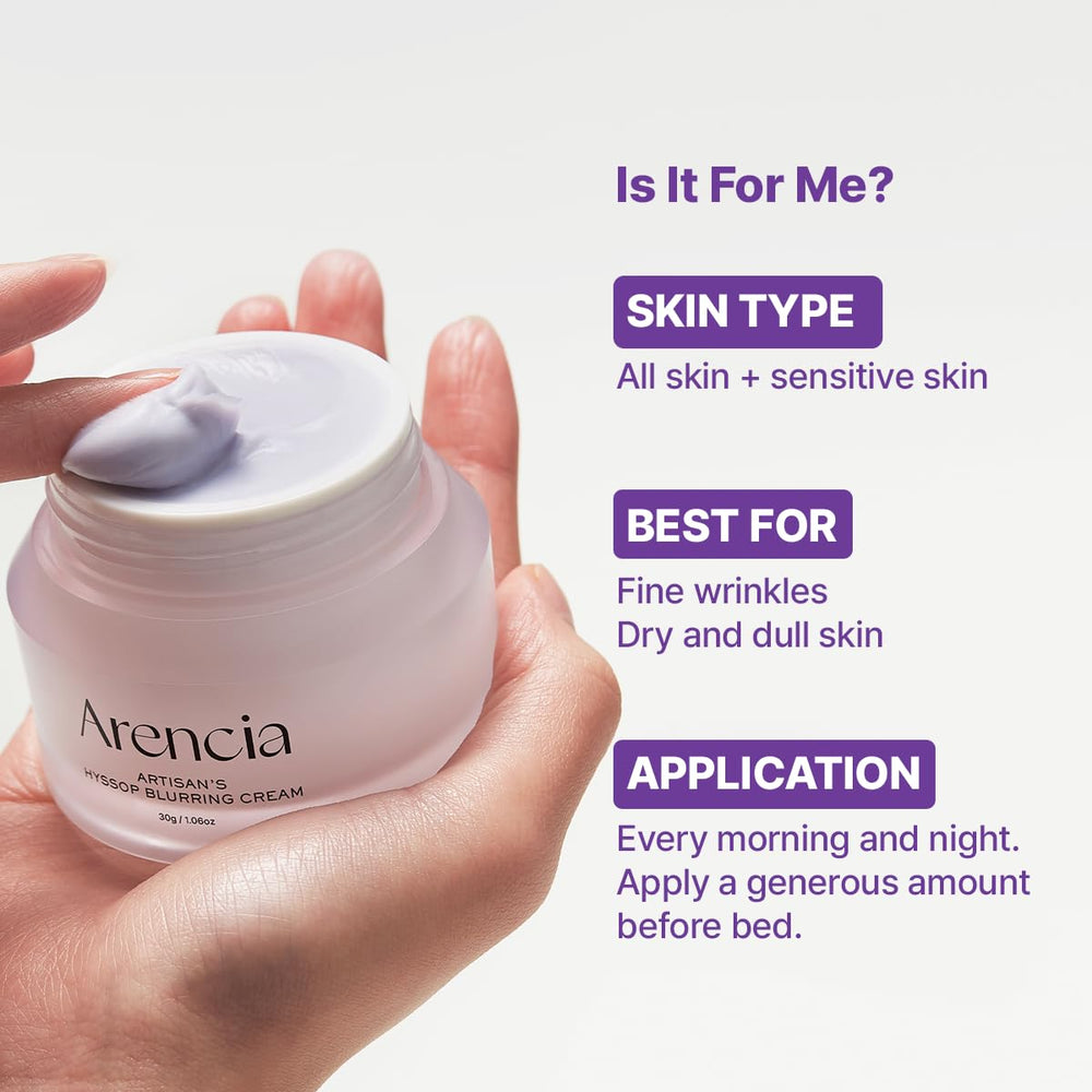 ARENCIA Hyssop Blurring Cream packaging emphasizing clean, safe formulation