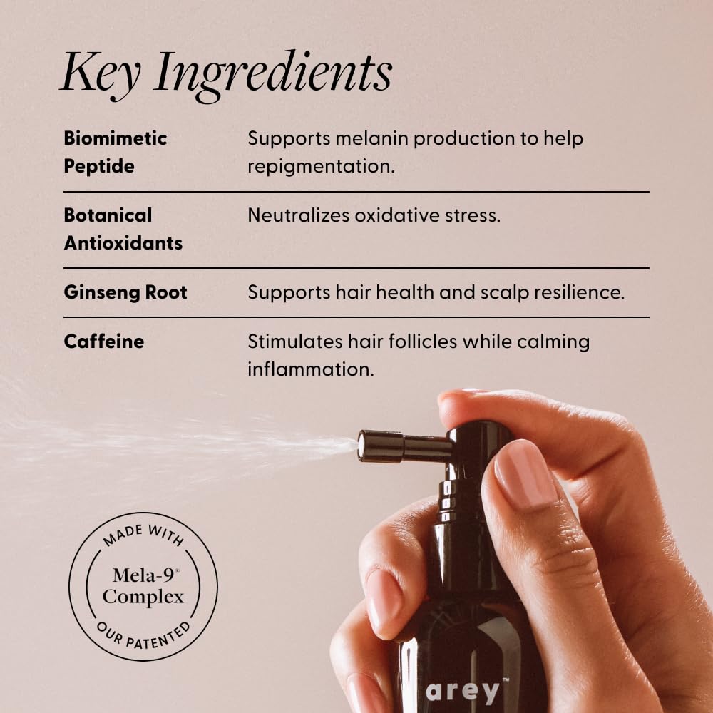Arey To The Root Serum ingredients panel highlighting antioxidants and peptide technology.
