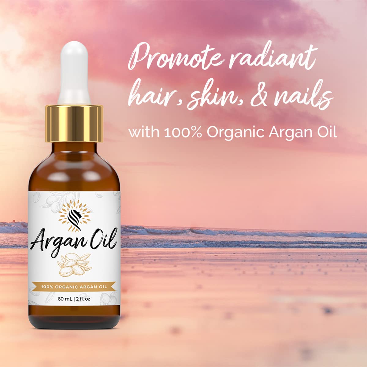 Argan Cosmetics Argan Oil amber bottle focus emphasizes premium cold-pressed oil.
