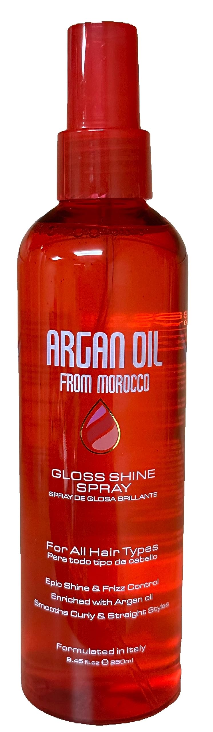 Argan Gloss Shine Spray bottle pour for silky shine and frizz control for all hair types.