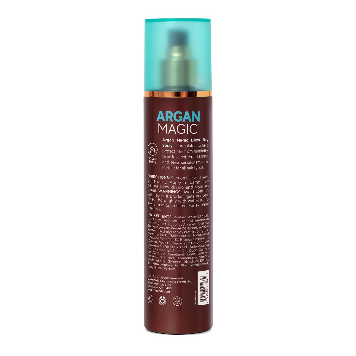 Argan Magic anti-frizz blow dry spray adds glossy shine to smooth, soft strands.