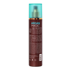 Argan Magic anti-frizz blow dry spray adds glossy shine to smooth, soft strands.