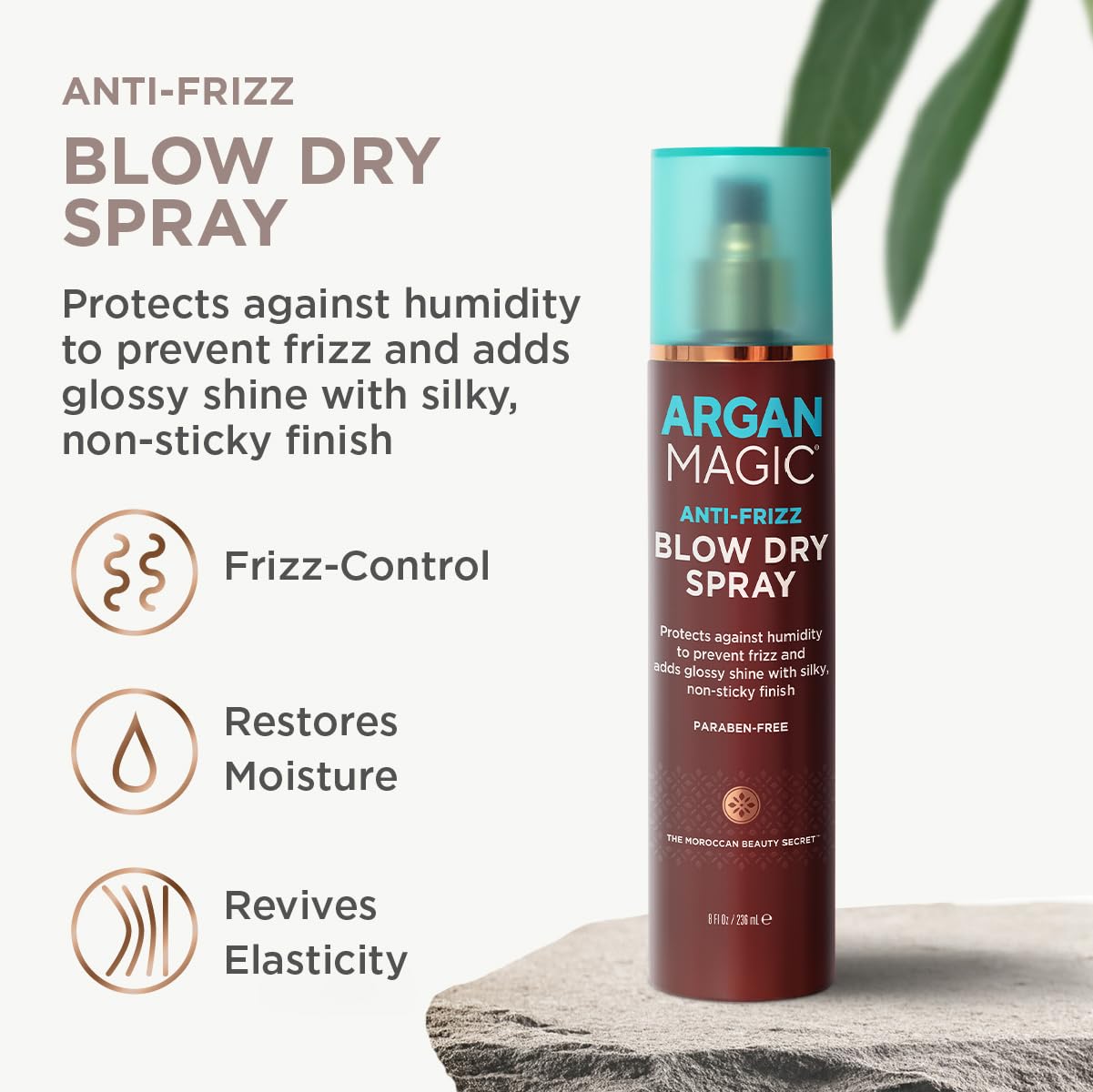 Argan Magic anti-frizz blow dry spray boosts softness and manageability.