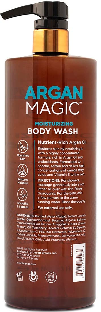Argan Magic Cleansing Body Wash bottle side—premium oils for healthy, moisturized skin.