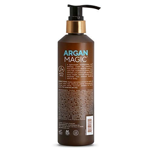 Argan Magic Defining Curl Cream in hand for detangling and smooth application.