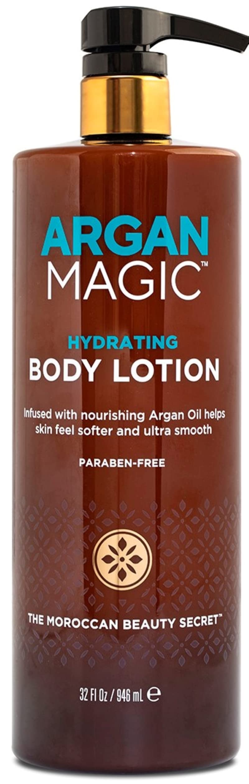 Argan Magic hydrating body lotion bottle showing rich formula for dry skin nourishment