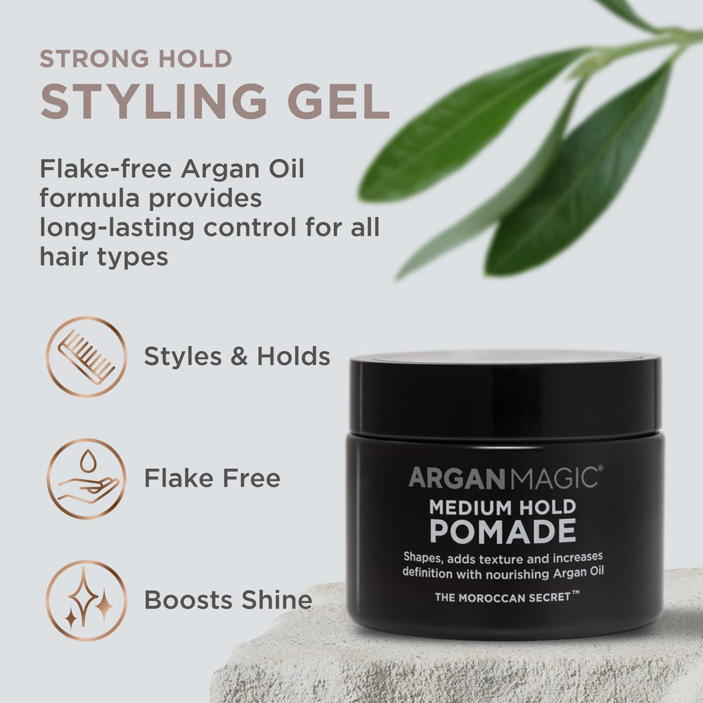 Hands applying Argan Magic pomade for texture and definition.
