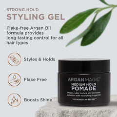 Hands applying Argan Magic pomade for texture and definition.