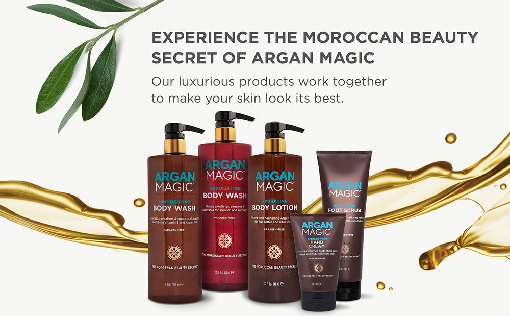 Texture close-up showing non-greasy, silky finish of Argan Magic lotion
