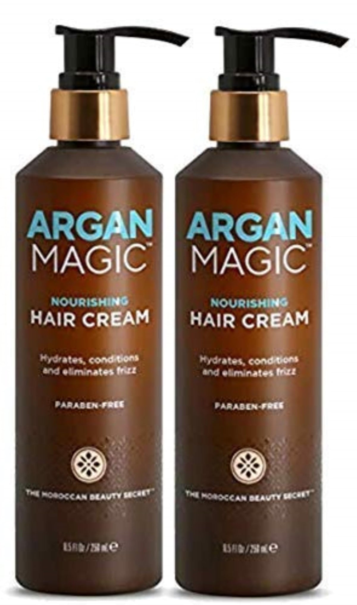 Argan Magic Nourishing Hair Cream bottle showing frizz control and shine.