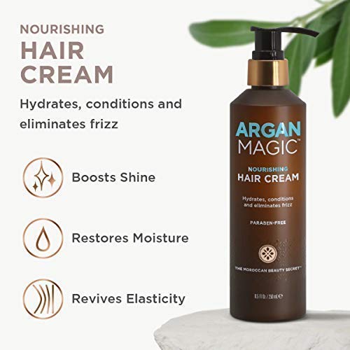 Argan Magic Nourishing Hair Cream enhances hair shine in close-up.