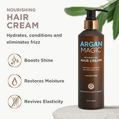 Argan Magic Nourishing Hair Cream enhances hair shine in close-up.