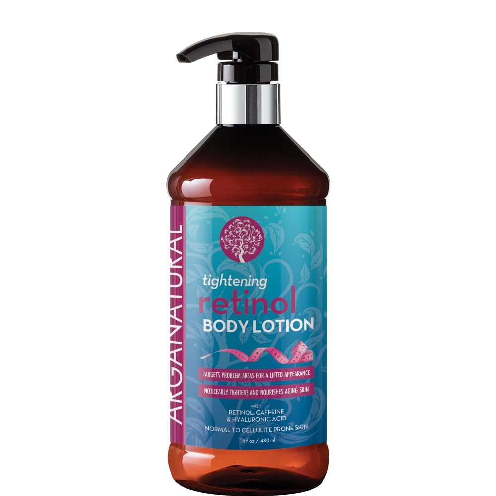 Arganatural Retinol Body Lotion bottle pour shows premium packaging and ease of daily firming.