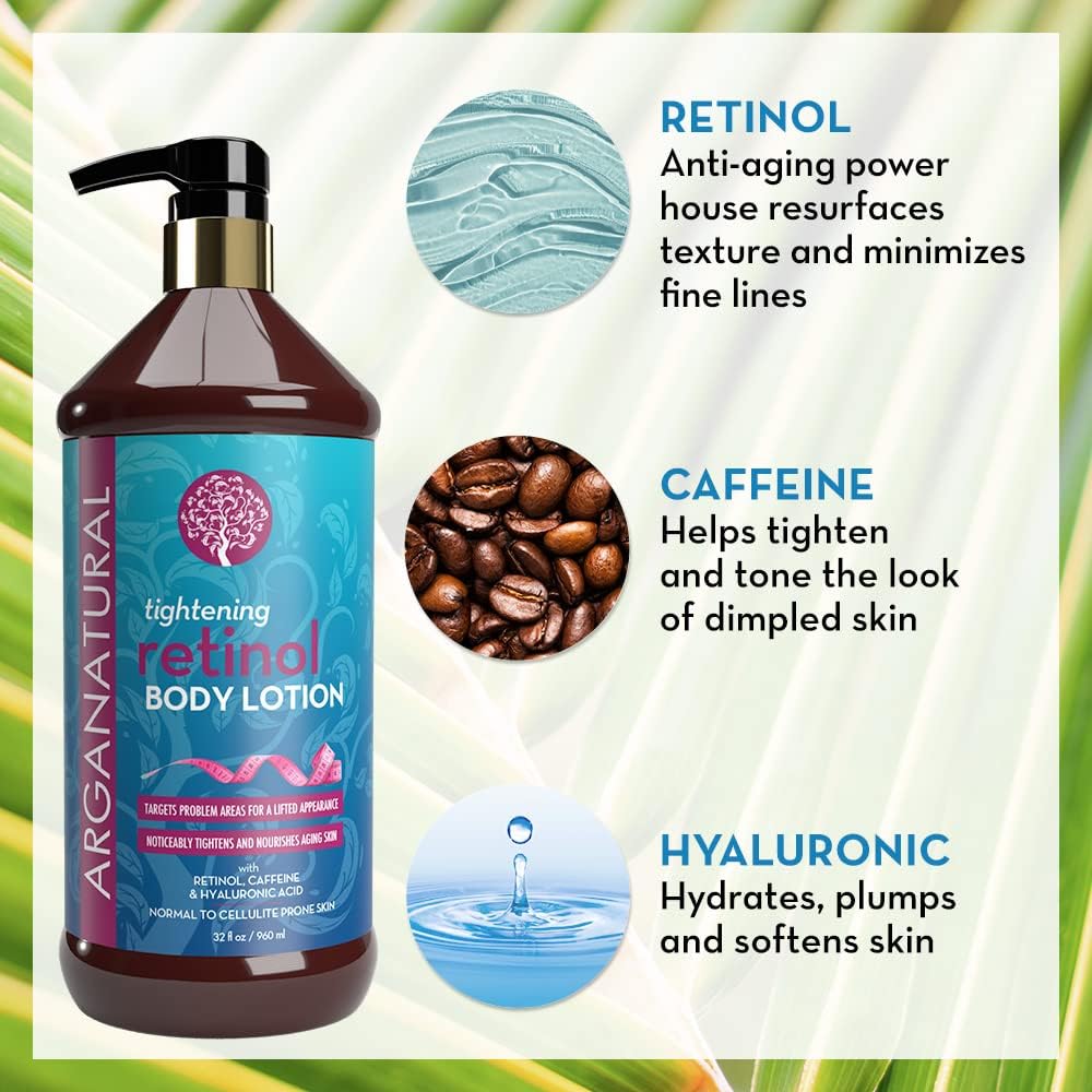 Arganatural Retinol Body Lotion texture closeup highlights creamy consistency for deep hydration.