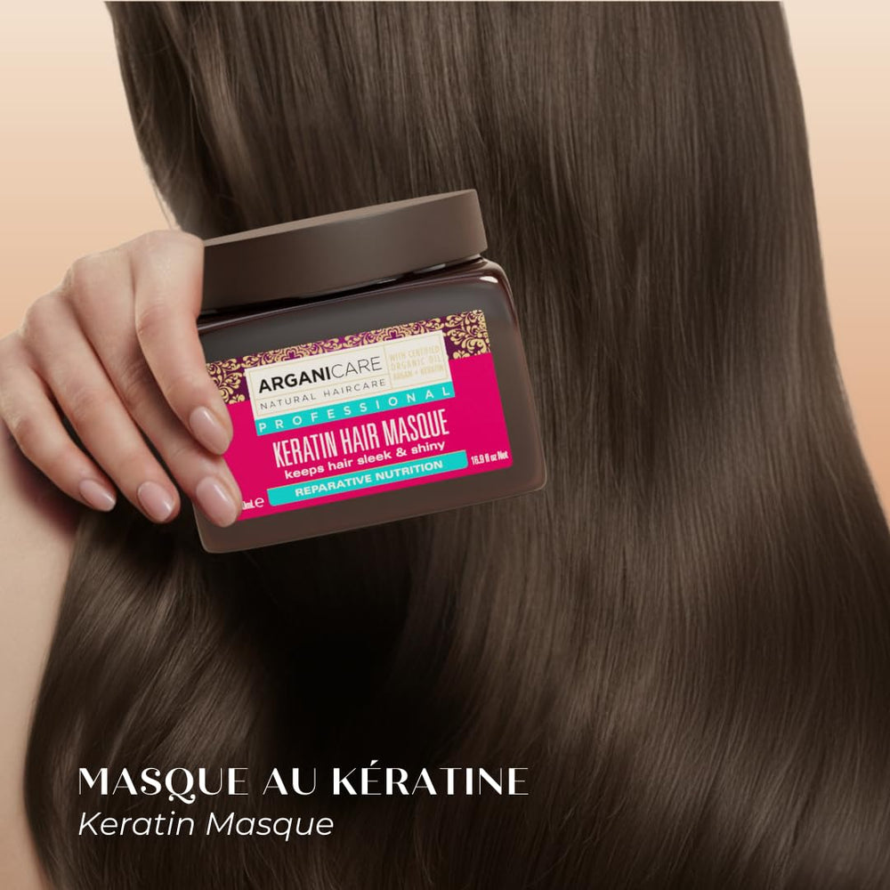 Arganicare Keratin Repair Mask packaging emphasizes quality and premium ingredients