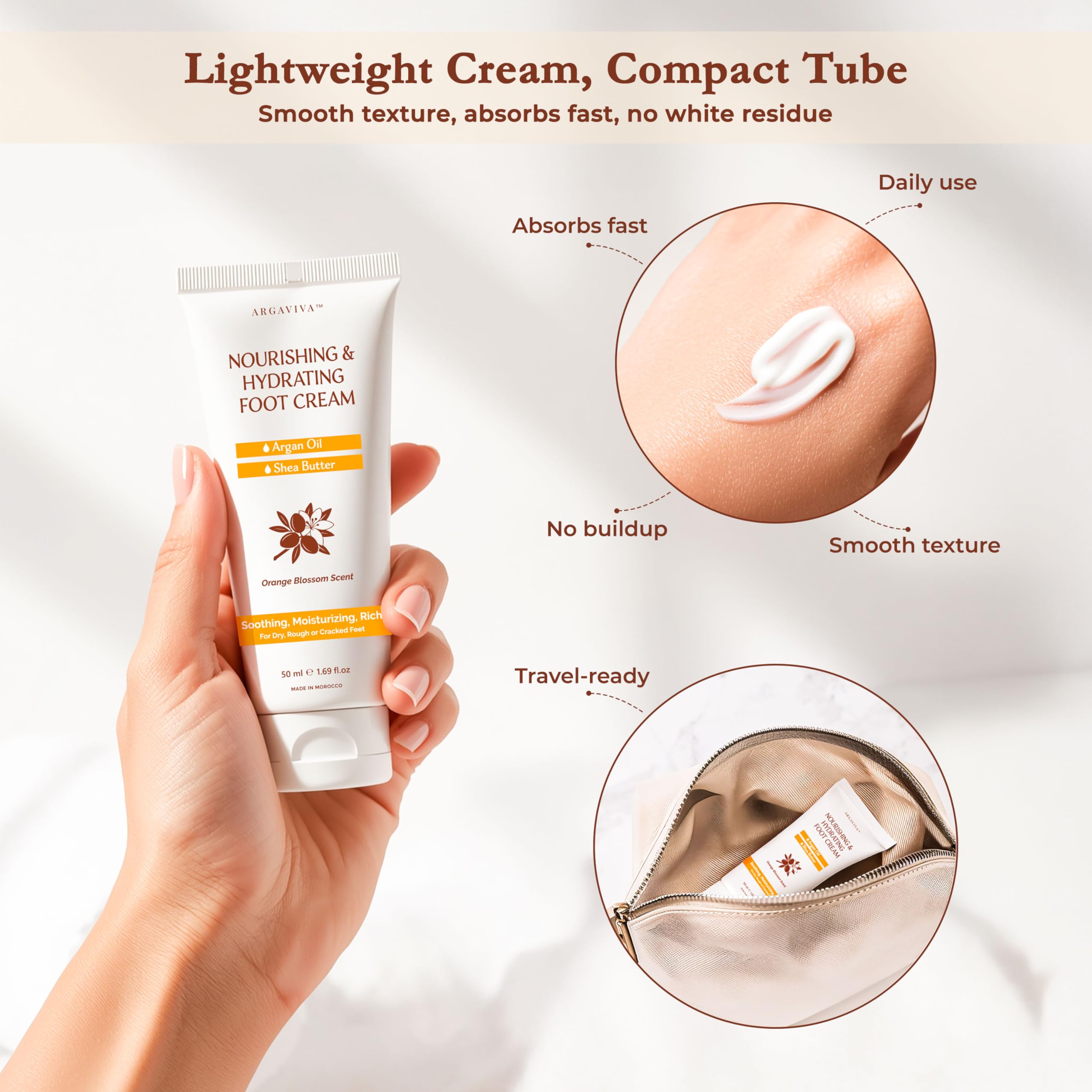 Creamy texture of Argaviva Foot Cream absorbs quickly, non-greasy.