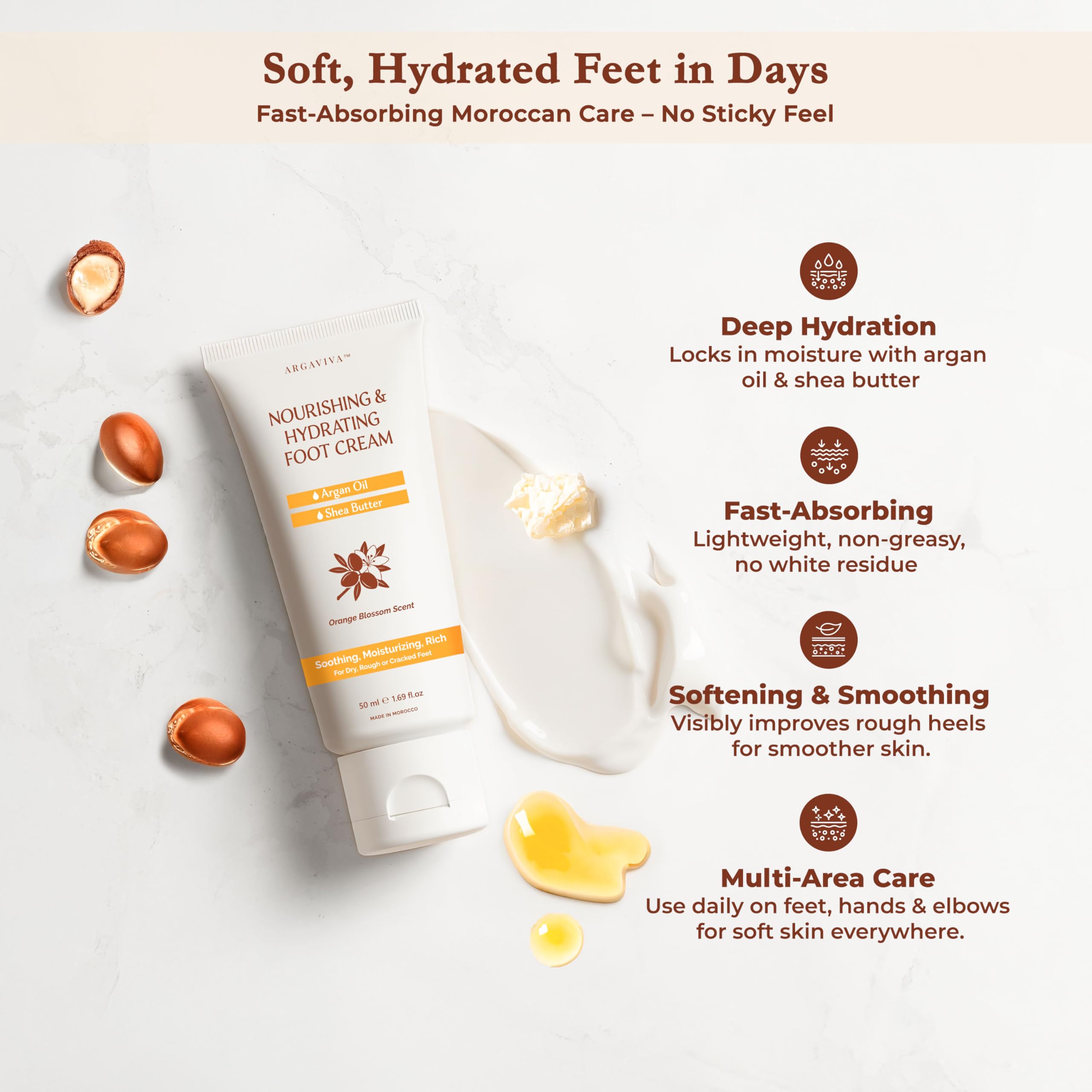 Argaviva Foot Cream applied to clean feet after shower.