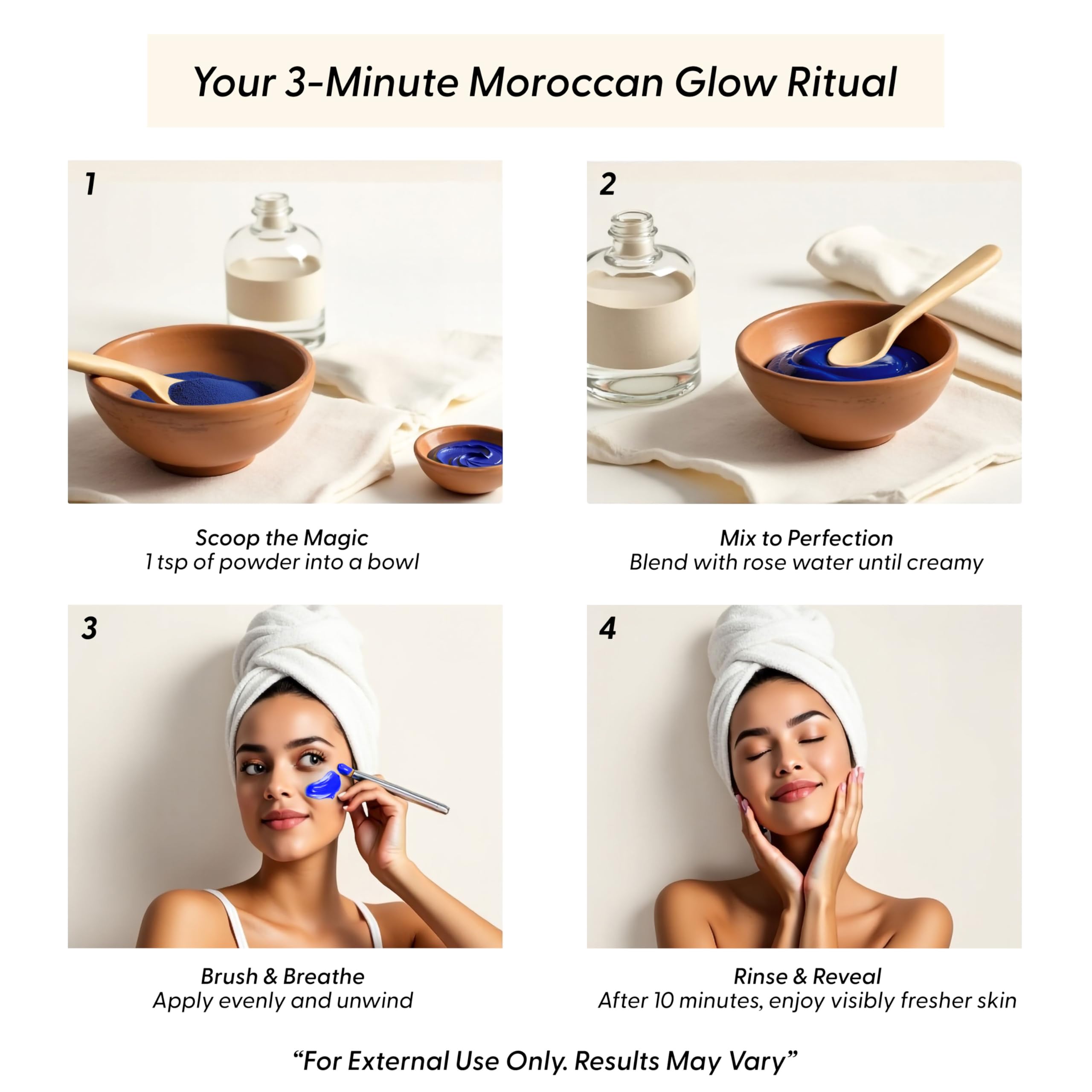 Argaviva Nila Powder rosewater mix demonstrates easy DIY facial mask use.