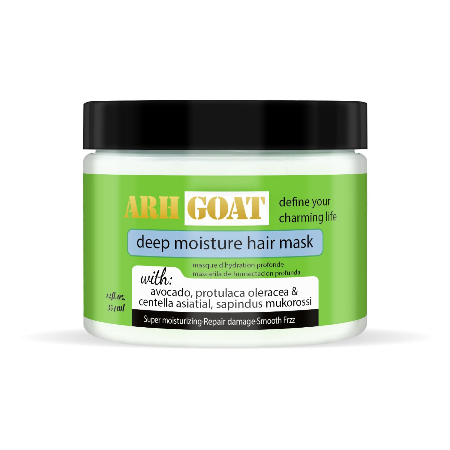 ARHGOAT Deep Moisture Mask avocado bottle close-up highlighting hydration for damaged hair