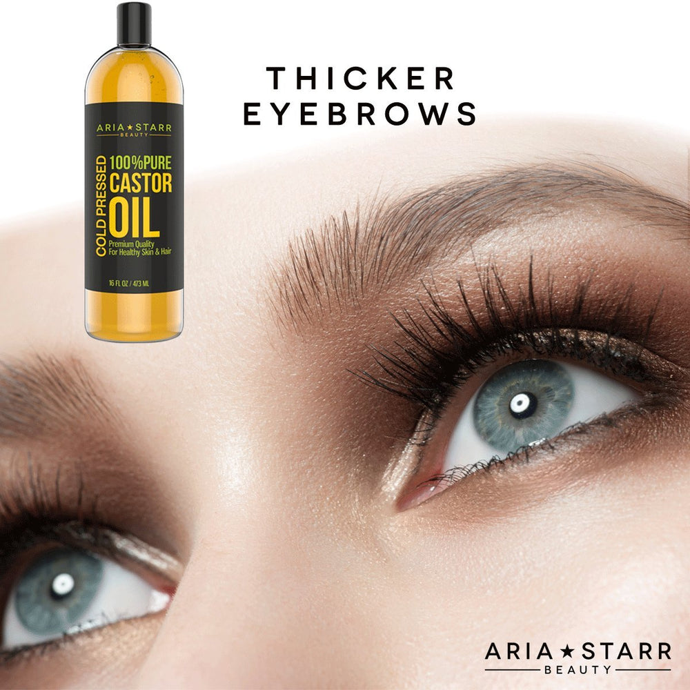 Aria Starr Castor Oil applied to eyebrows and lashes for potential fullness.