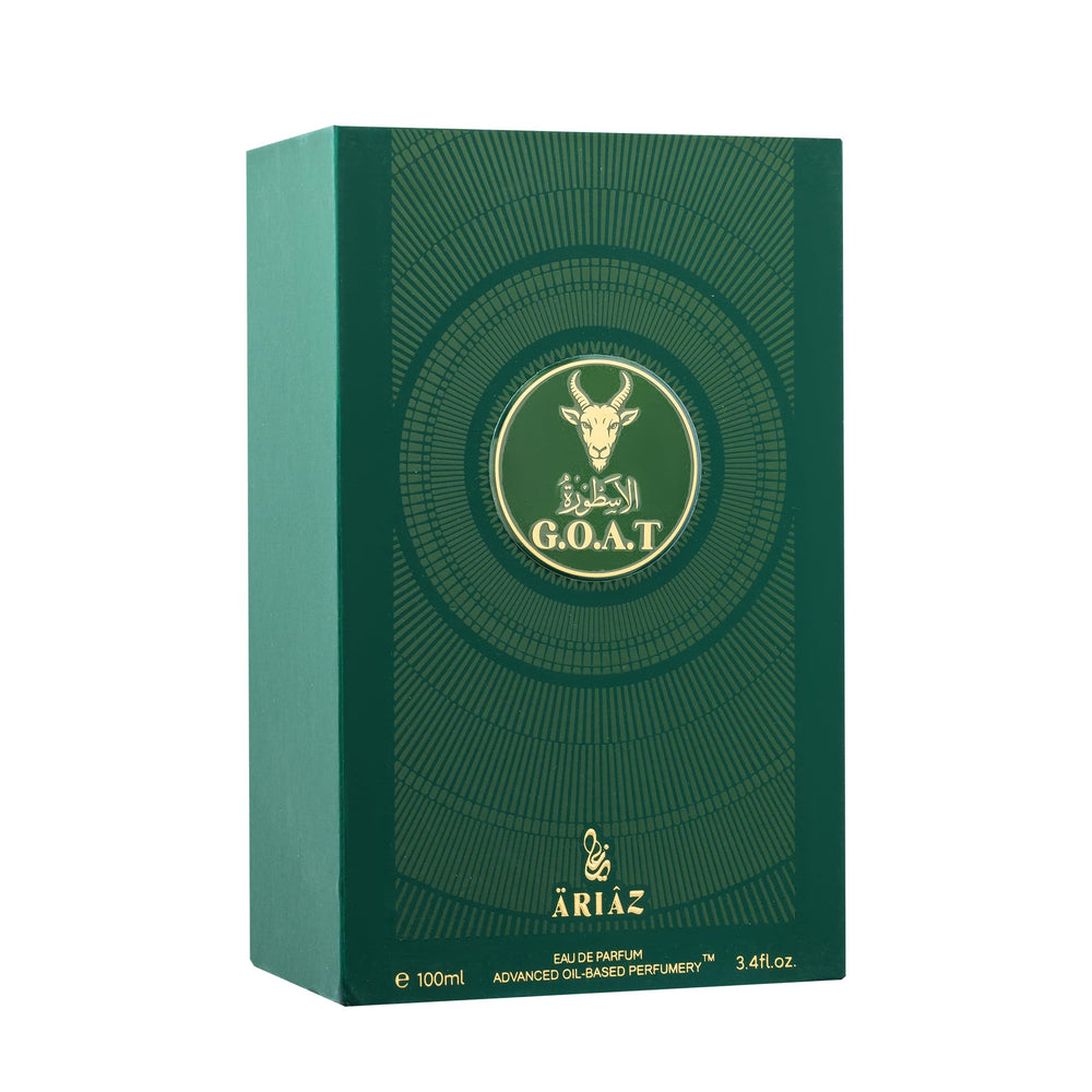ARIAZ Goat Men base notes with bourbon vanilla, amber, and woods for a creamy finish