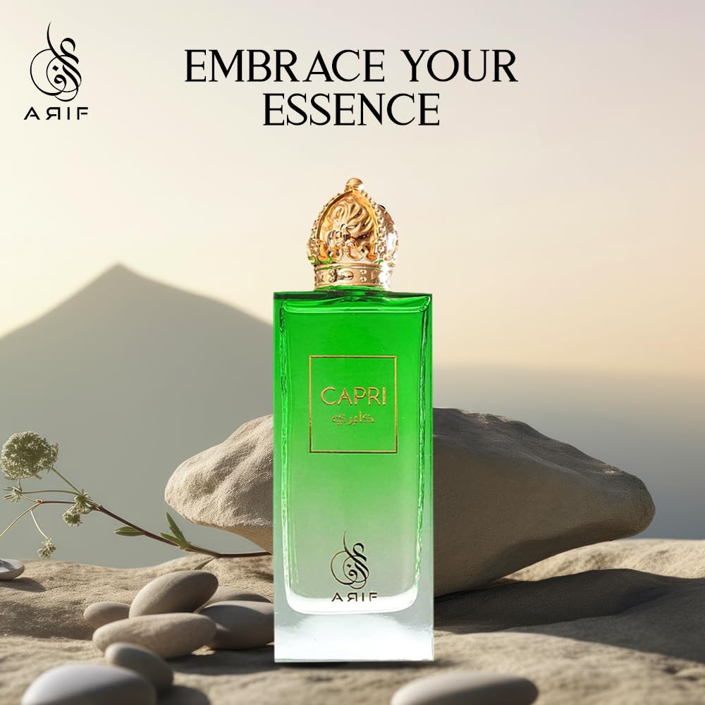 ARIF Capri eau de parfum bottle close-up emphasizing a lasting aroma.
