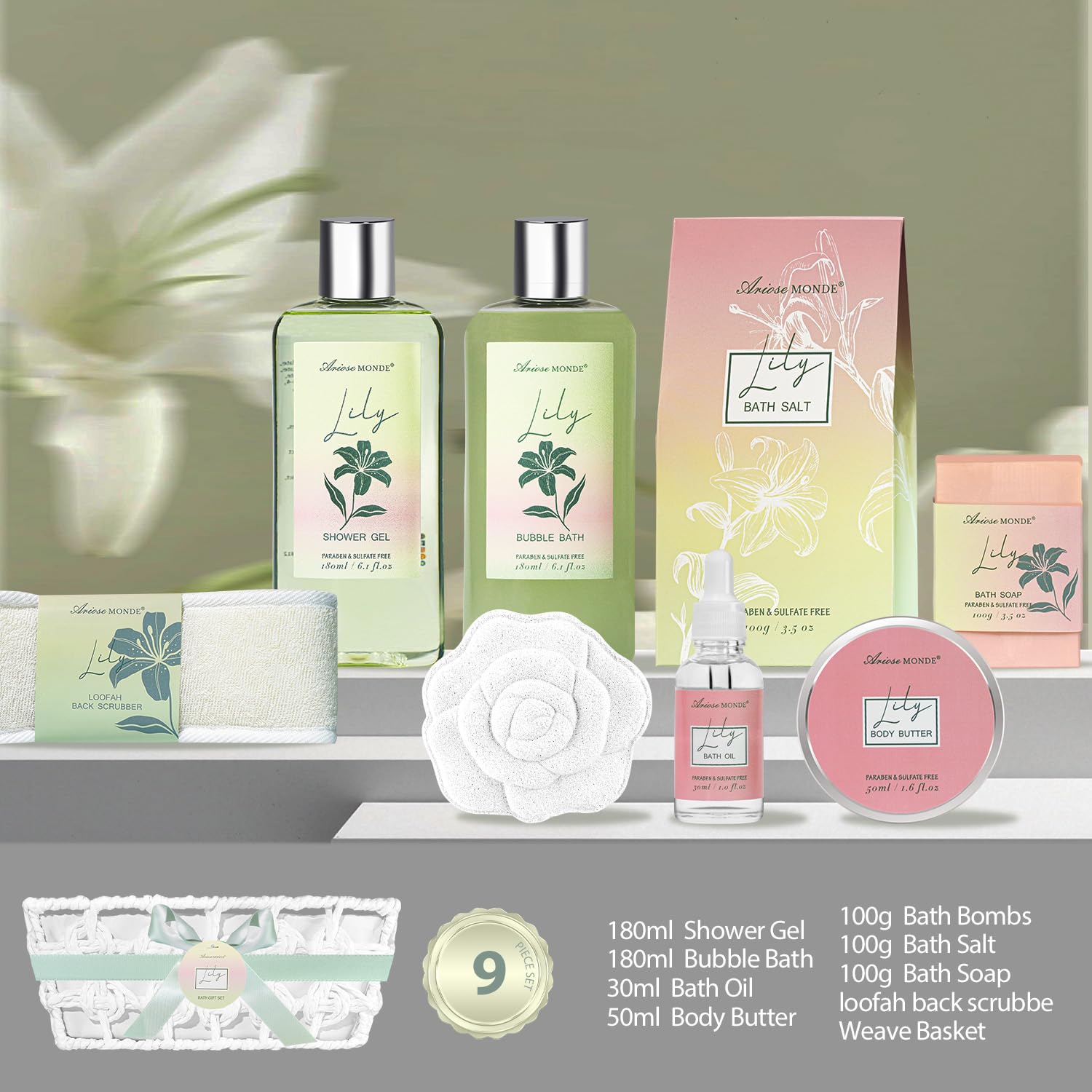 ArioseMonde 9-piece spa set on display featuring shower gel and bubble bath for refreshment.