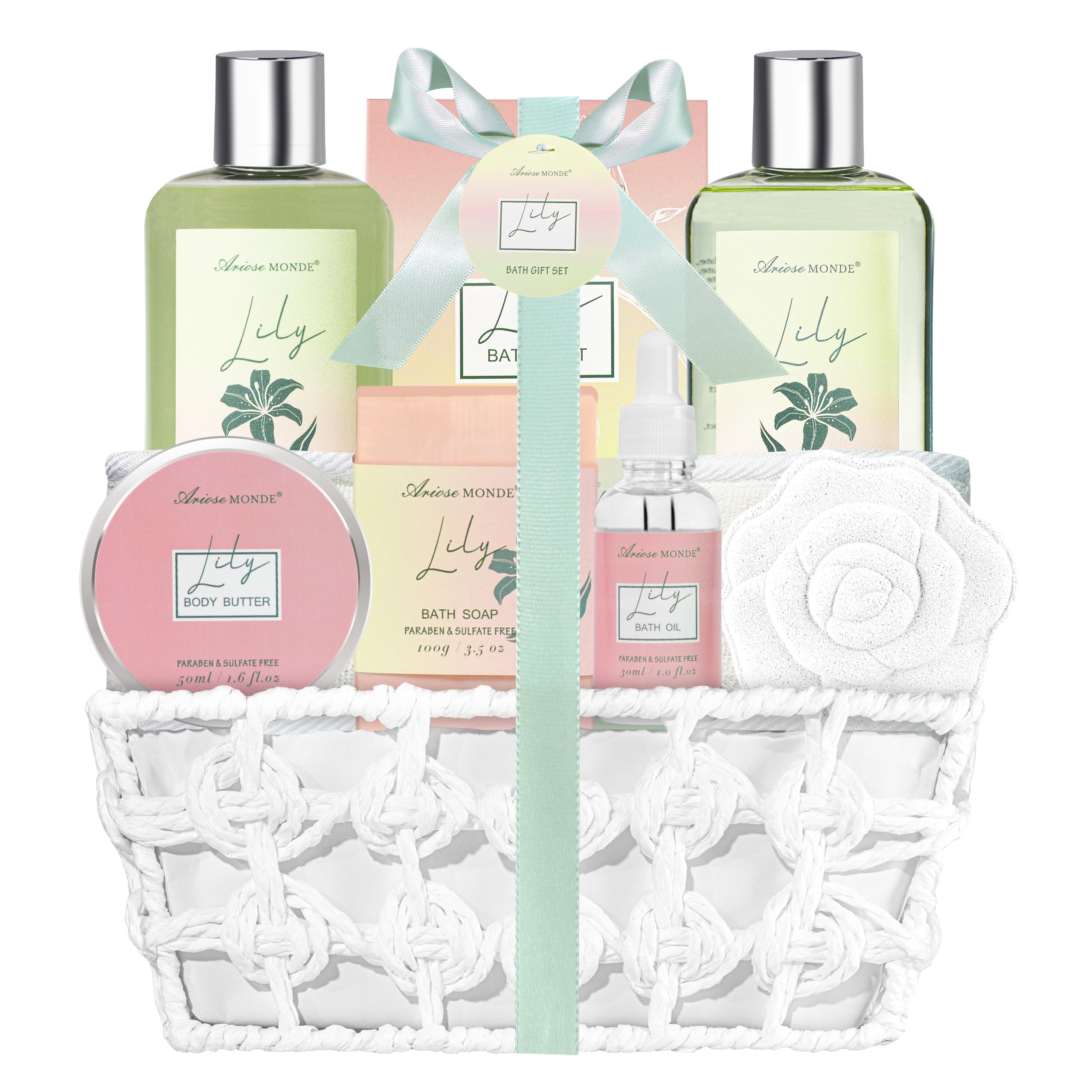 ArioseMonde Lily Spa Gift Basket with lily fragrance for a calming bath ritual.
