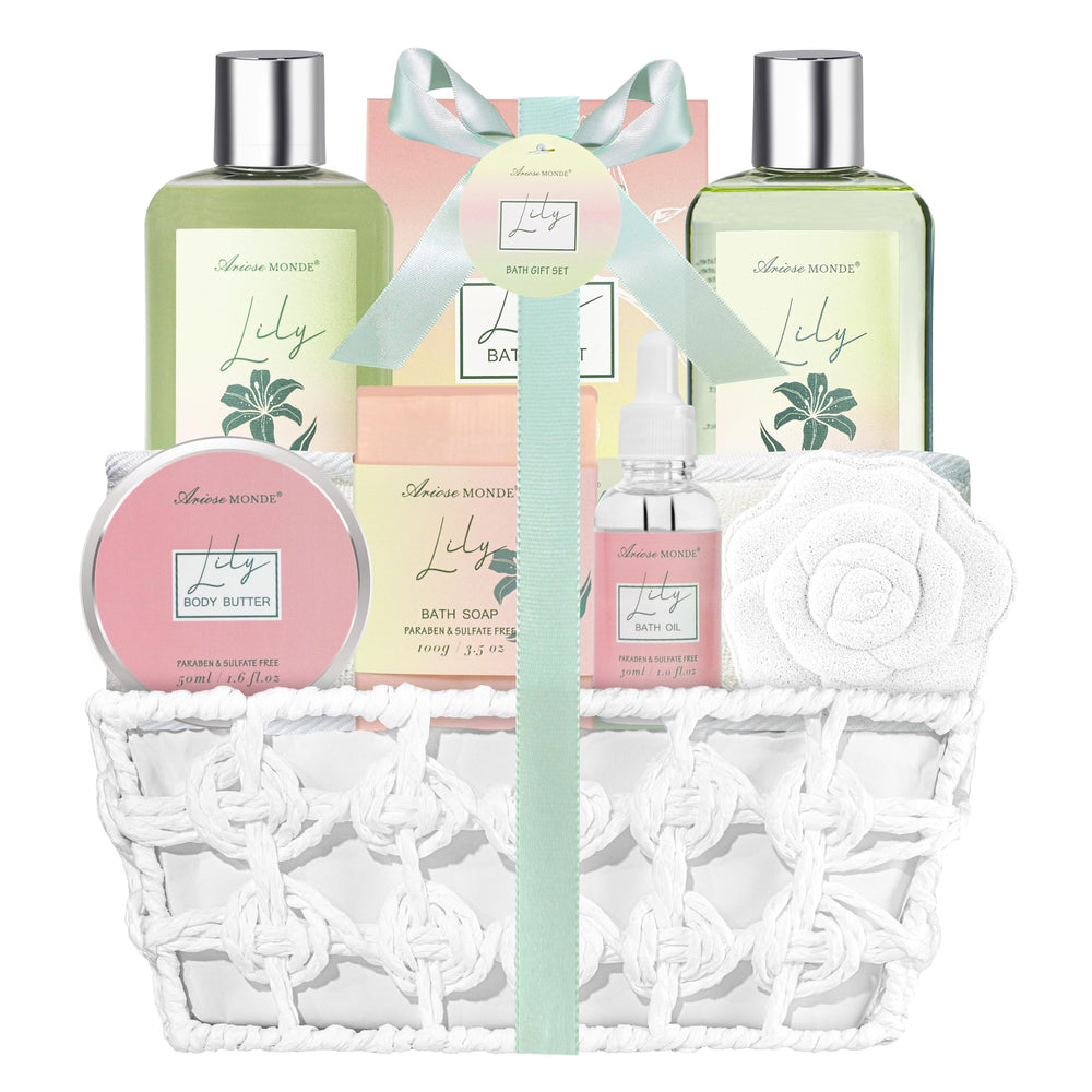ArioseMonde Lily Spa Gift Basket with lily fragrance for a calming bath ritual.
