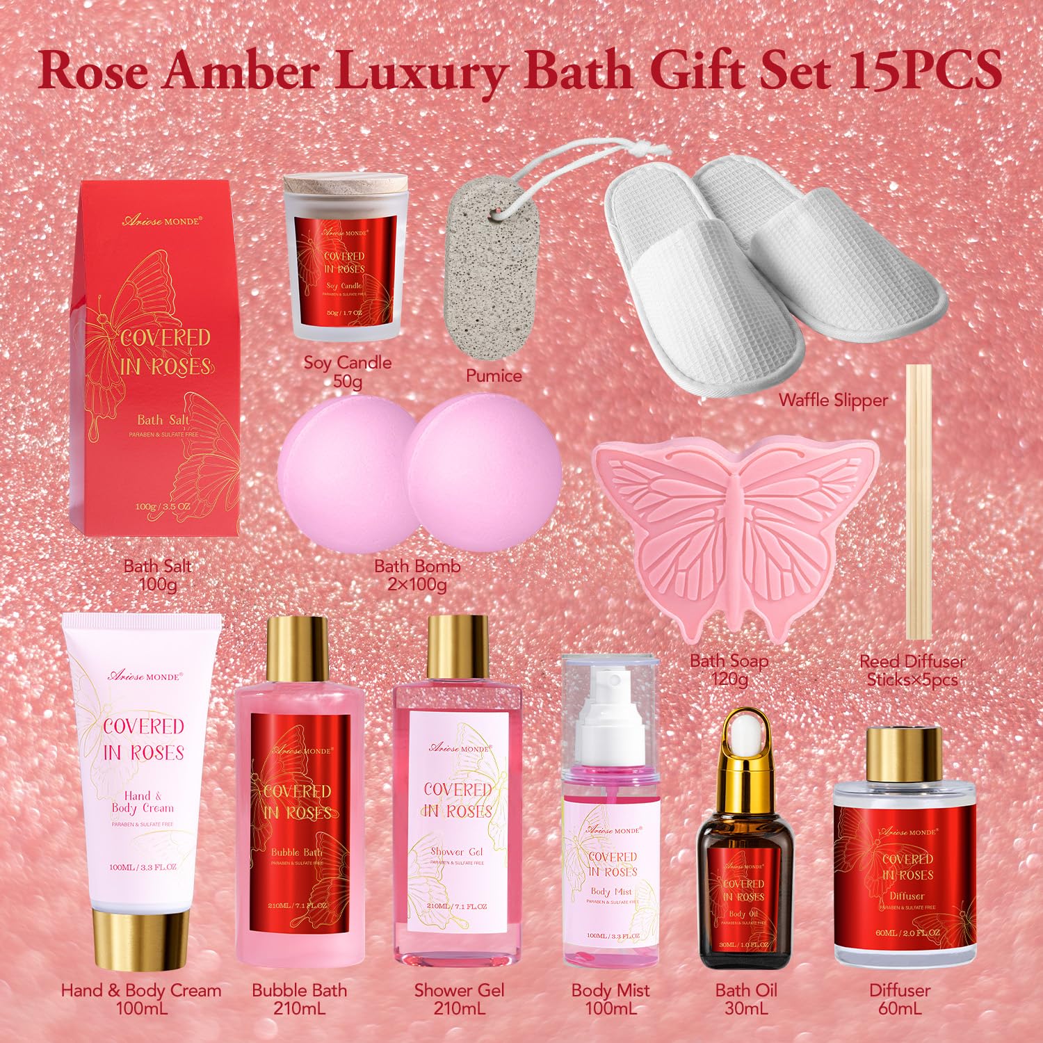 ArioseMonde rose amber scent bottle evokes warm, romantic notes for a cozy spa moment.